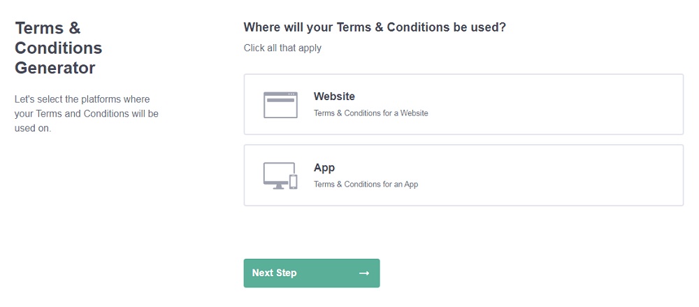 PrivacyPolicies.com - Terms and Conditions Generator: Create your Terms and Conditions - Step 1