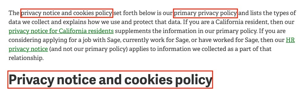 Sage Privacy Notice and Cookies Policy Intro section
