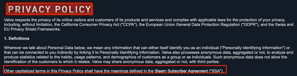 Steam Privacy Policy: Definitions clause with Subscriber Agreement highlighted