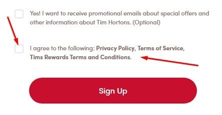 Tim Hortons sign-up form with Agree to Policy and Terms checkbox