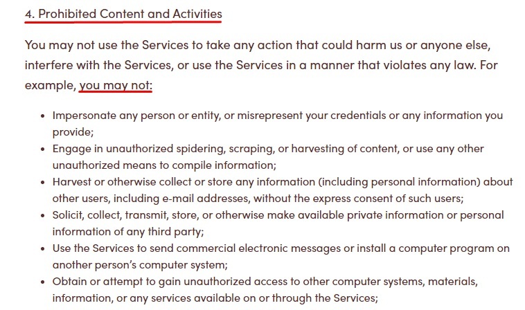 Tim Hortons Terms of Service: Prohibited Content and Activities clause