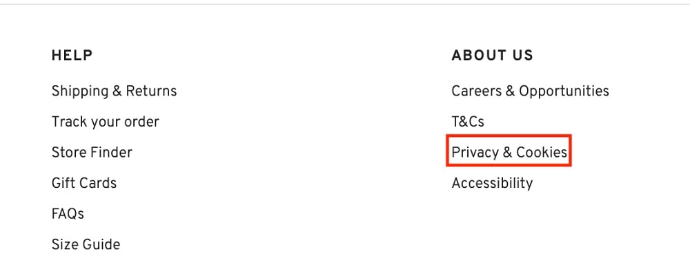 Topshop website footer with Privacy and Cookies link highlighted