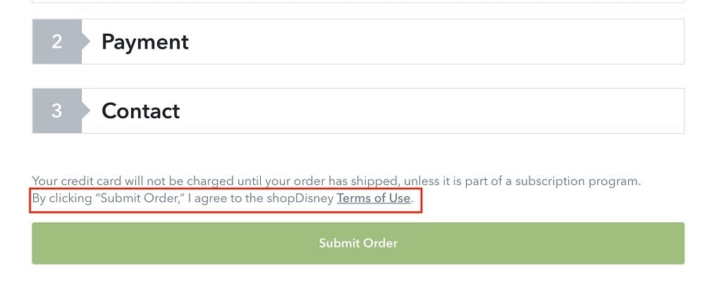 Walt Disney Company: Submit Order form with Terms of Use highlighted