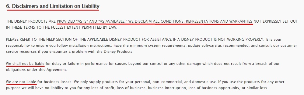 Walt Disney Company Terms of Use: Disclaimers and Limitation on Liability clause