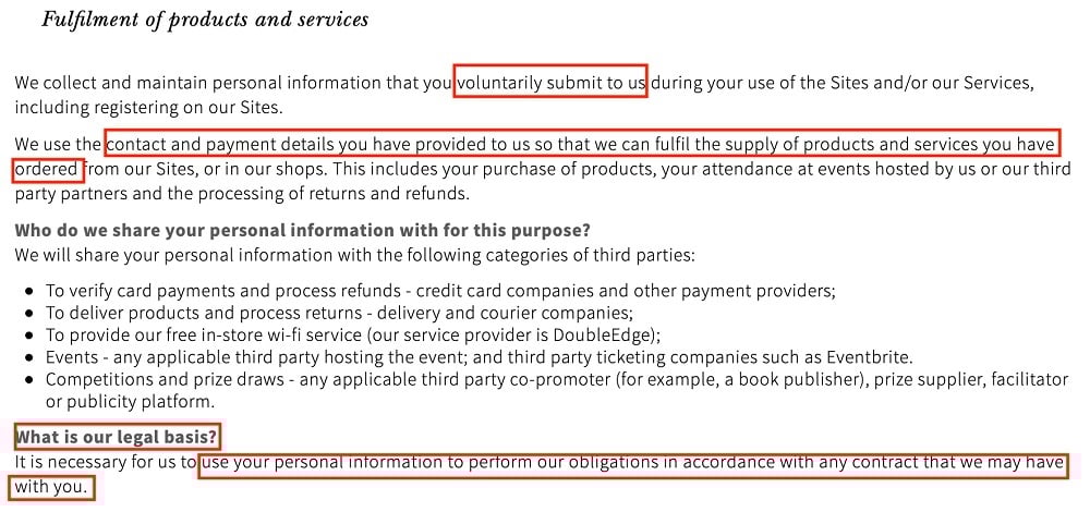 Waterstones Privacy Policy: Fulfilment of Products and Services and Legal Basis clause