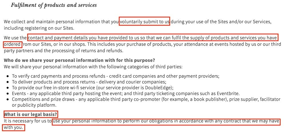 Waterstones Privacy Policy: Fulfilment of Products and Services and Legal Basis clause