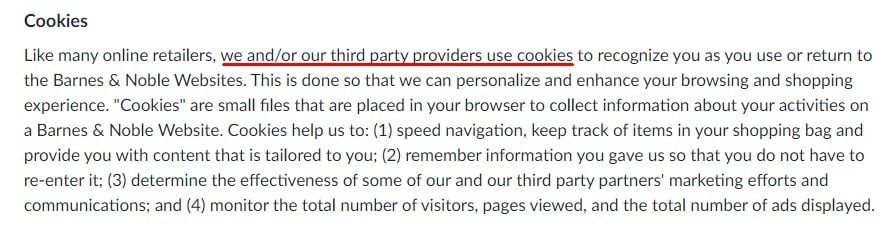 Barnes and Noble Privacy Policy: Cookies clause