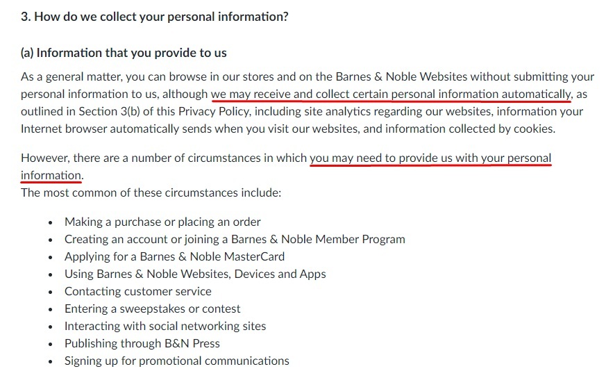 Barnes and Noble Privacy Policy: How do we collect your personal information clause - Information you provide to us section