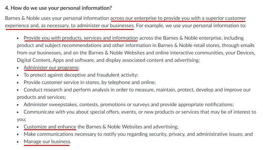 Barnes and Noble Privacy Policy: How do we use your personal information clause