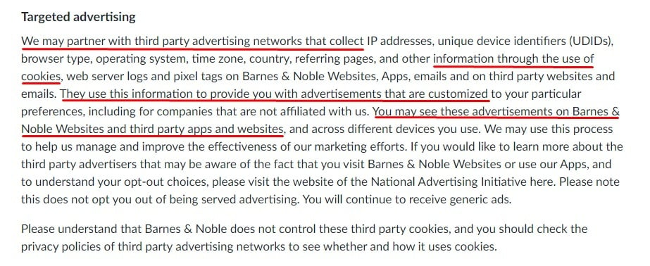 Barnes and Noble Privacy Policy: Targeted advertising clause