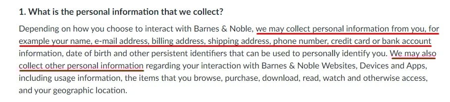 Barnes and Noble Privacy Policy: What is the personal information that we collect clause