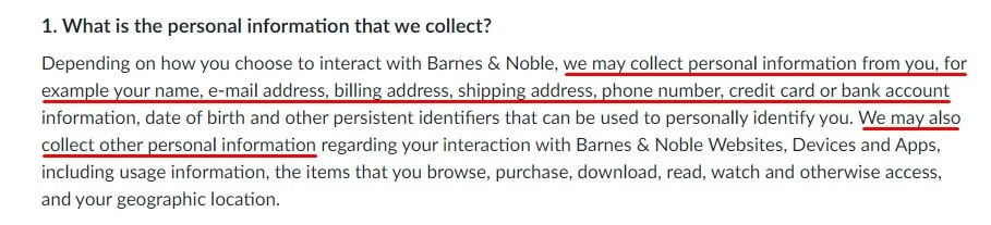 Barnes and Noble Privacy Policy: What is the personal information that we collect clause