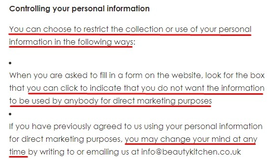 Beauty Kitchen Privacy Policy: Controlling your personal information clause