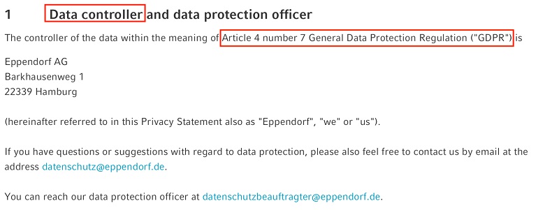 Eppendorf Privacy Statement: Data Controller and Data Protection Officer clause excerpt