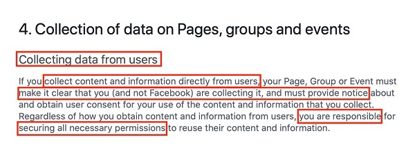 Facebook Pages, Groups and Events Policies: Collection of data on Pages, groups and events clause excerpt