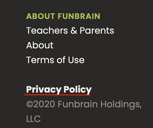 Funbrain website footer with Privacy Policy highlighted