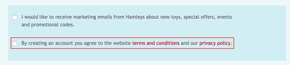 Hamleys Create Account checkbox to agree to Terms and Conditions and Privacy Policy