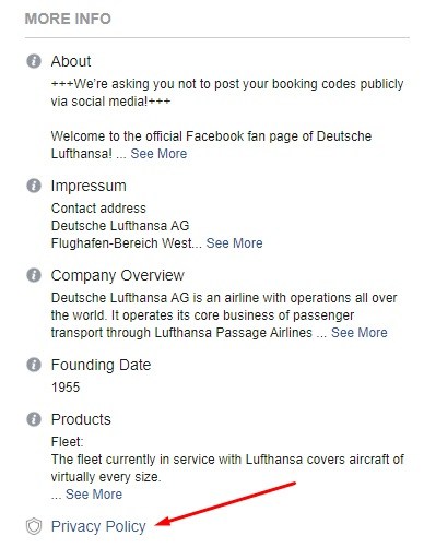 Lufthansa Facebook Page: About - Privacy Policy link highlighted