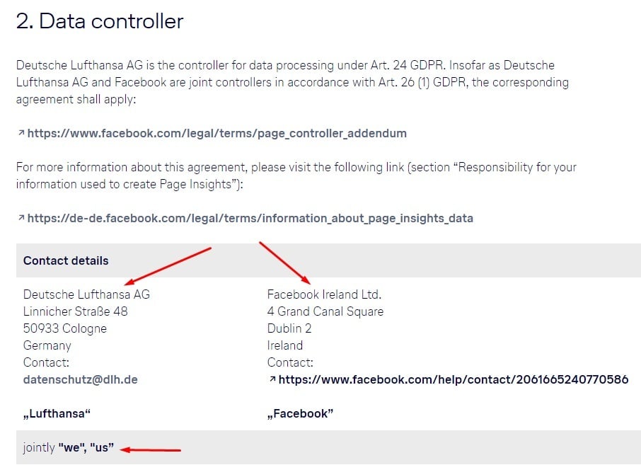 Lufthansa Privacy Policy for Facebook Page: Data controller contact clause