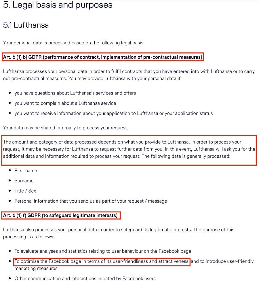 Lufthansa Privacy Policy for Facebook Page: Legal basis and purposes clause