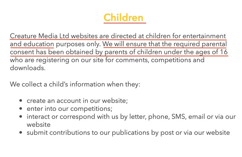 National Geographic Kids Privacy Policy: Children clause