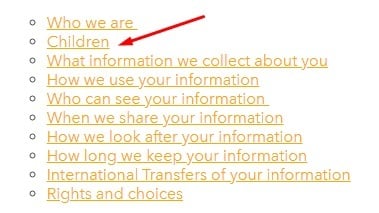 National Geographic Kids Privacy Policy: Table of Contents - Children section highlighted