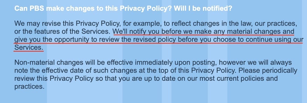 PBS Kids Privacy Policy: Changes to the Privacy Policy clause