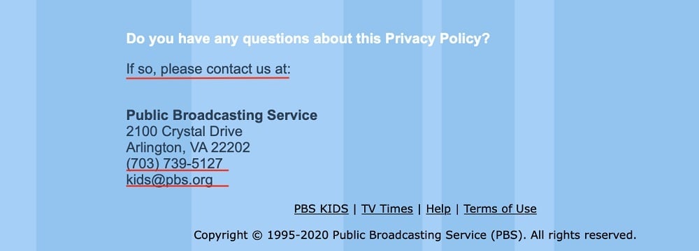 PBS Kids Privacy Policy: Contact clause