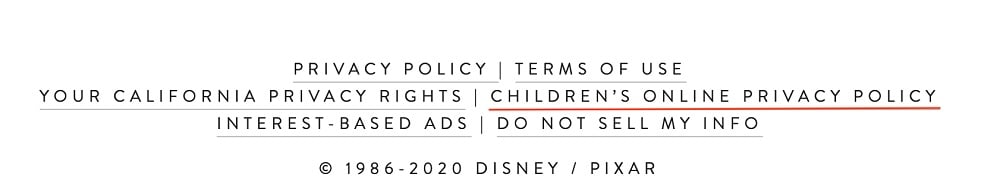 Pixar website footer with Children's Privacy Policy link highlighted