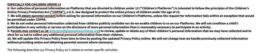 Sesame Street Privacy Policy: Children clause