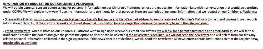 Sesame Street Privacy Policy: Information We Request on our Children's Platforms clause