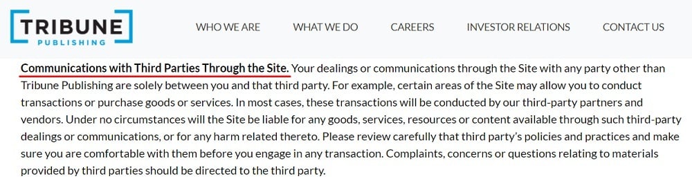 Tribune Publishing Terms of Service: Communications with Third Parties Through the Site disclaimer clause