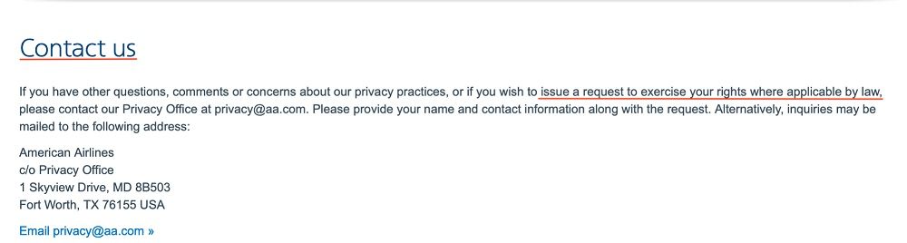 American Airlines Privacy Policy: Contact us clause