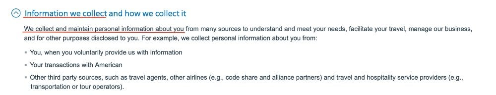 American Airlines Privacy Policy: Information we collect and how we collect it clause excerpt