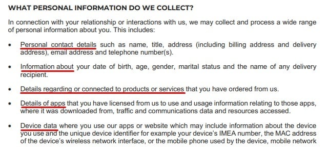 Gymshark Privacy Notice: What personal information do we collect clause excerpt