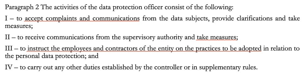 LGPD Article 41 Paragraph 2: Data Protection Officer activities