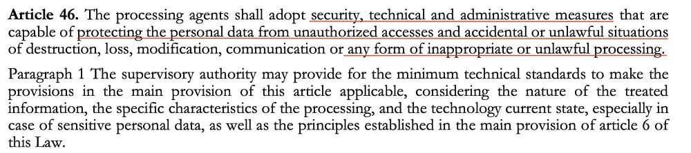 LGDP Article 46 Paragraph 1: Security measures for protecting personal data