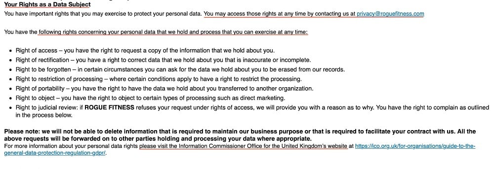 Rogue Fitness Privacy Policy: Your Rights as a Data Subject clause