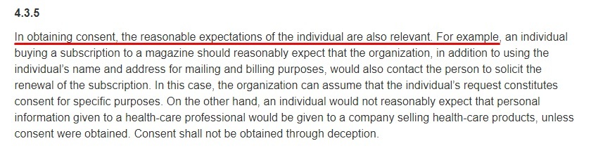 Government of Canada Justice Laws Website: PIPEDA - Principle 4 3 5: Reasonable expectations of individual relevant when obtaining consent