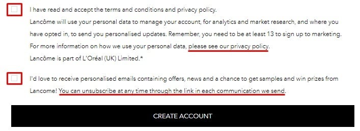 Lancome Create Account form checkboxes for consent to Terms and Conditions, Privacy Policy and marketing communication