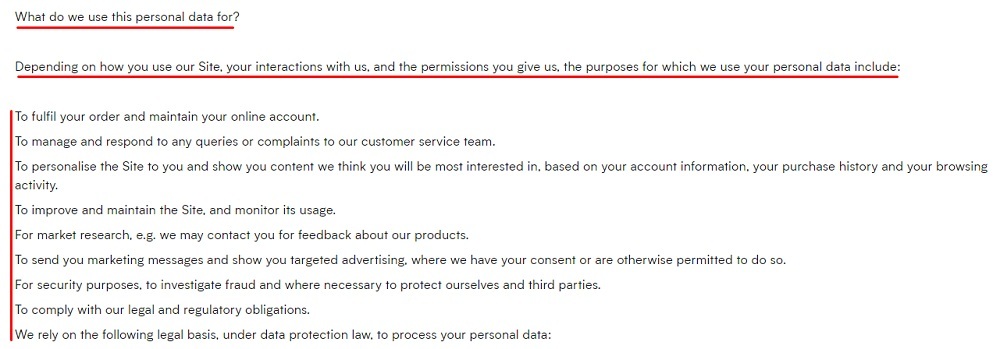 MyProtein Privacy Policy: What do we use personal information for clause