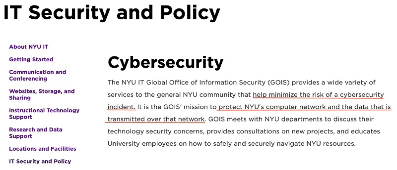 NYU IT Security Policy: Cybersecurity introduction section