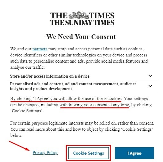 The Times Cookie Consent Notice