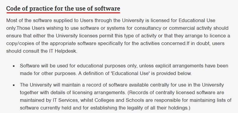 University of Glasgow IT Services Policy: Excerpt of Code of practice for the use of software clause