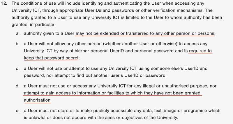 University of Glasgow IT Services Policy: Excerpt of Conditions of Use clause