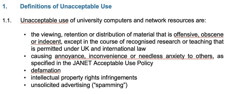 University of Huddersfield Conduct Monitoring of Email and Internet Use Policy: Definitions of Unacceptable Use clause