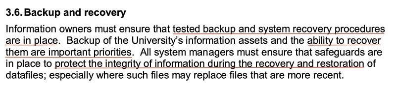 University of Huddersfield IT Security Policy: Backup and recovery clause