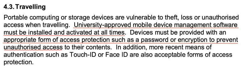 University of Huddersfield IT Security Policy: Mobile and Remote Computing clause - Travelling section