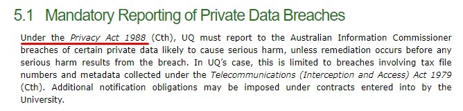 University of Queensland Cyber Security Policy: Mandatory Reporting of Private Data Breaches clause