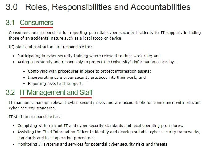 University of Queensland Cyber Security Policy: Roles Responsibilities and Accountabilities clause - Consumers and IT Management and Staff sections